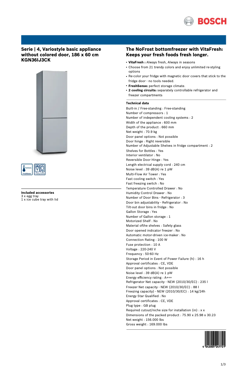 Page 1 de la notice Fiche technique Bosch KGN36IJ3CK