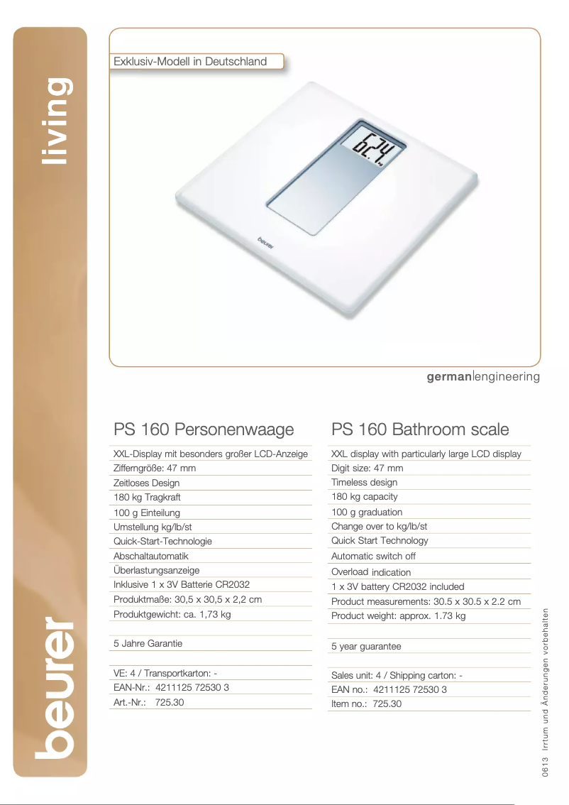 Page 1 de la notice Fiche technique Beurer PS 160