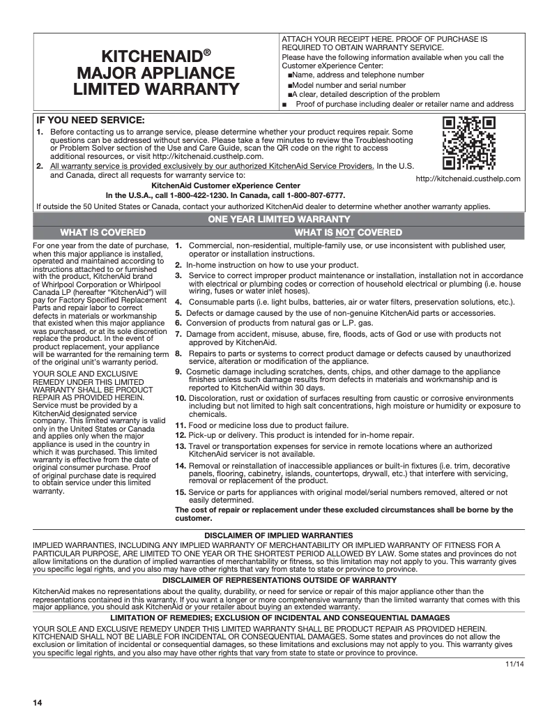 Page 1 de la notice Informations de garantie KitchenAid KVWB400DSS