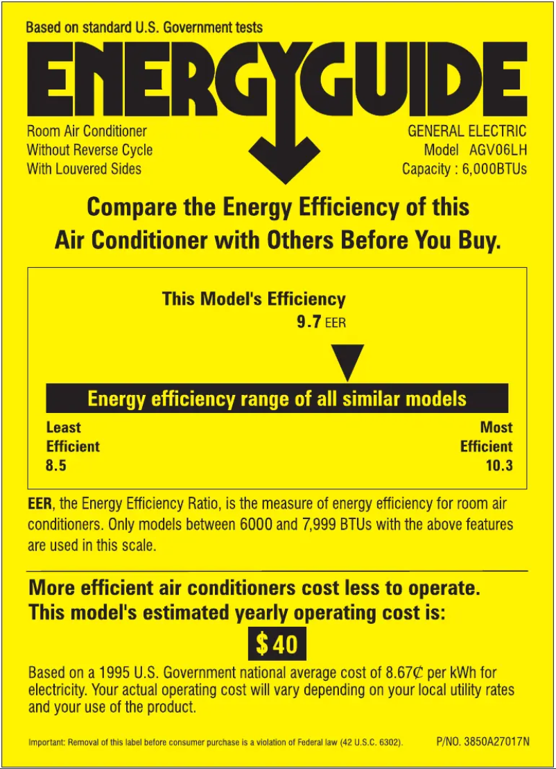 Page 1 de la notice Label énergétique GE AGV06LH