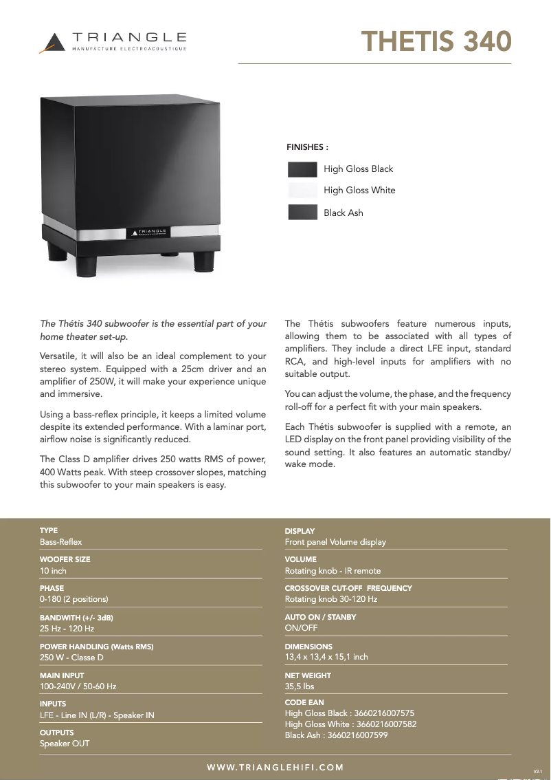 Page 1 de la notice Fiche technique Triangle THETIS 340