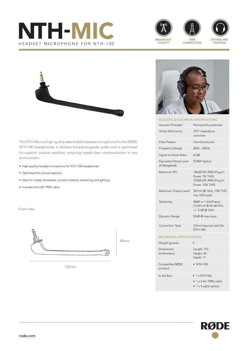Page 1 de la notice Manuel utilisateur Røde NTH-MIC