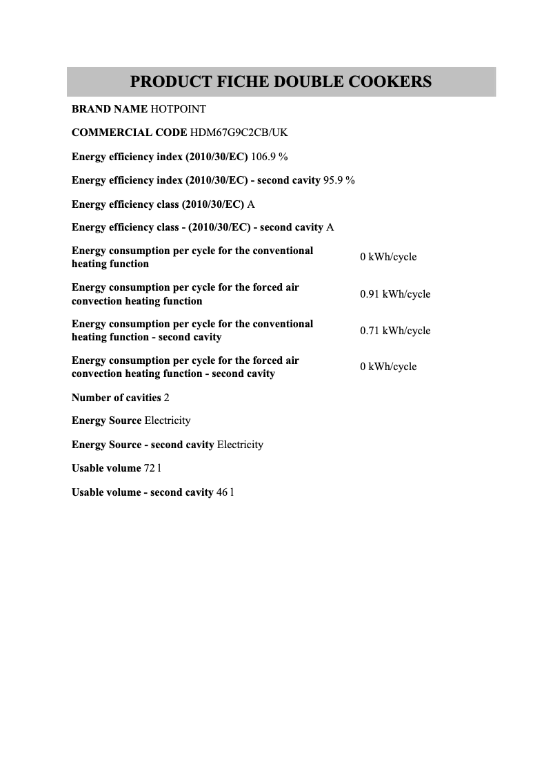 Página 1 del manual Ficha técnica Hotpoint HDM67G9C2CB/UK