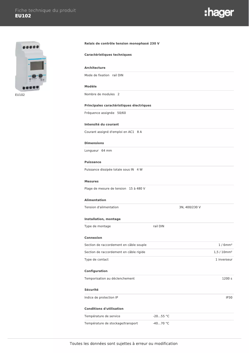 Página 1 del manual Ficha técnica Hager EU102