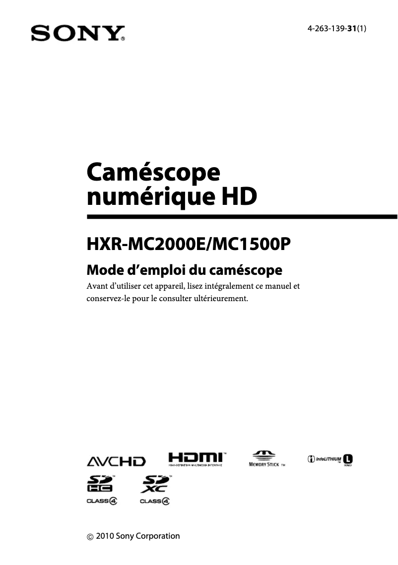 Page n°1 - Manuel utilisateur Sony HXR-MC2500E