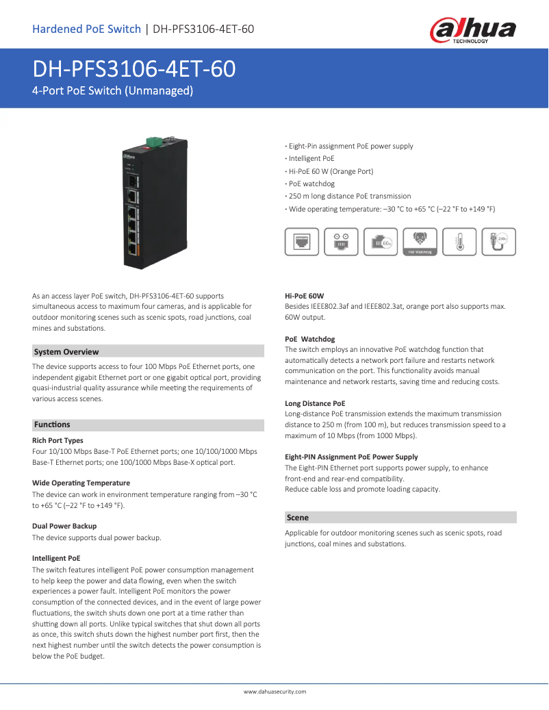 Page 1 de la notice Manuel utilisateur Dahua Technology PFS3106-4ET-60