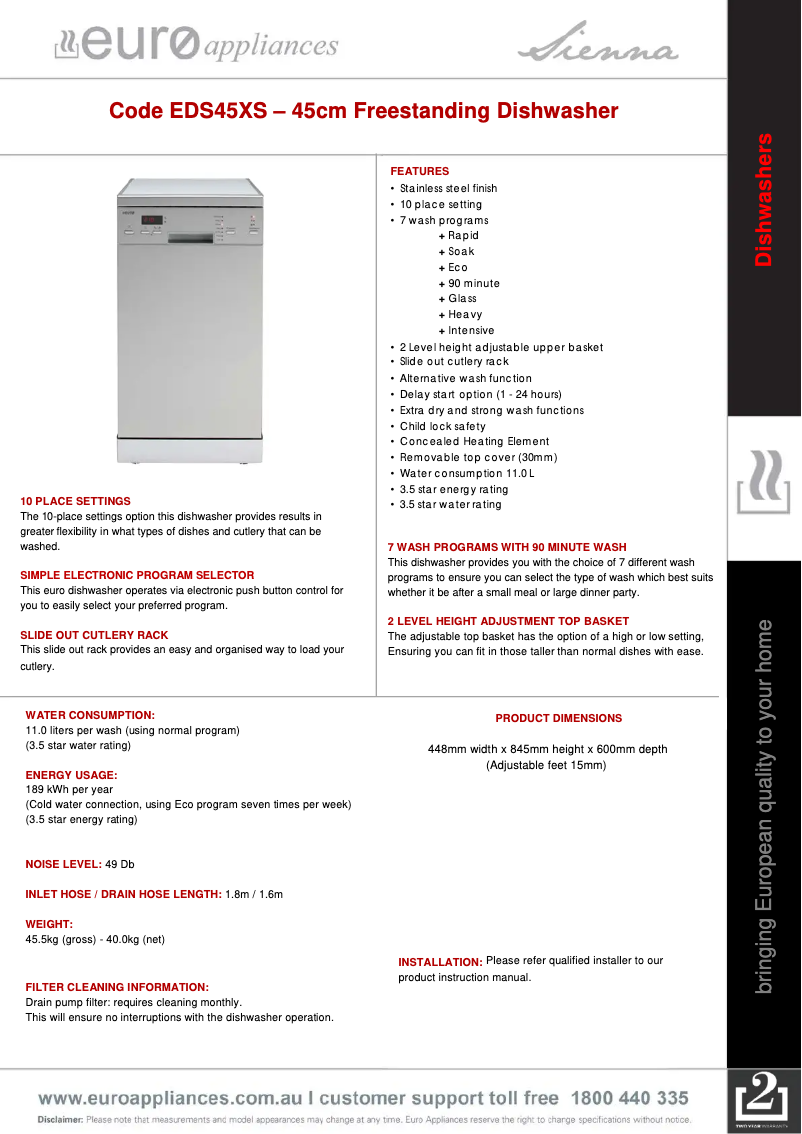Page n°1 - Fiche technique Euro Appliances EDS45XS