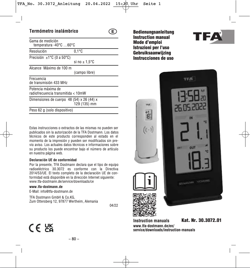 Page 1 de la notice Manuel utilisateur TFA Buddy 30.3072.01