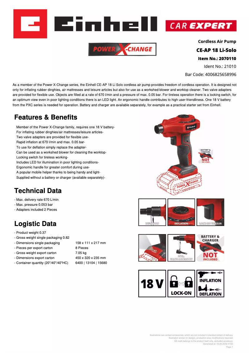 Page n°1 - Fiche technique Einhell CE-AP 18 Li-Solo