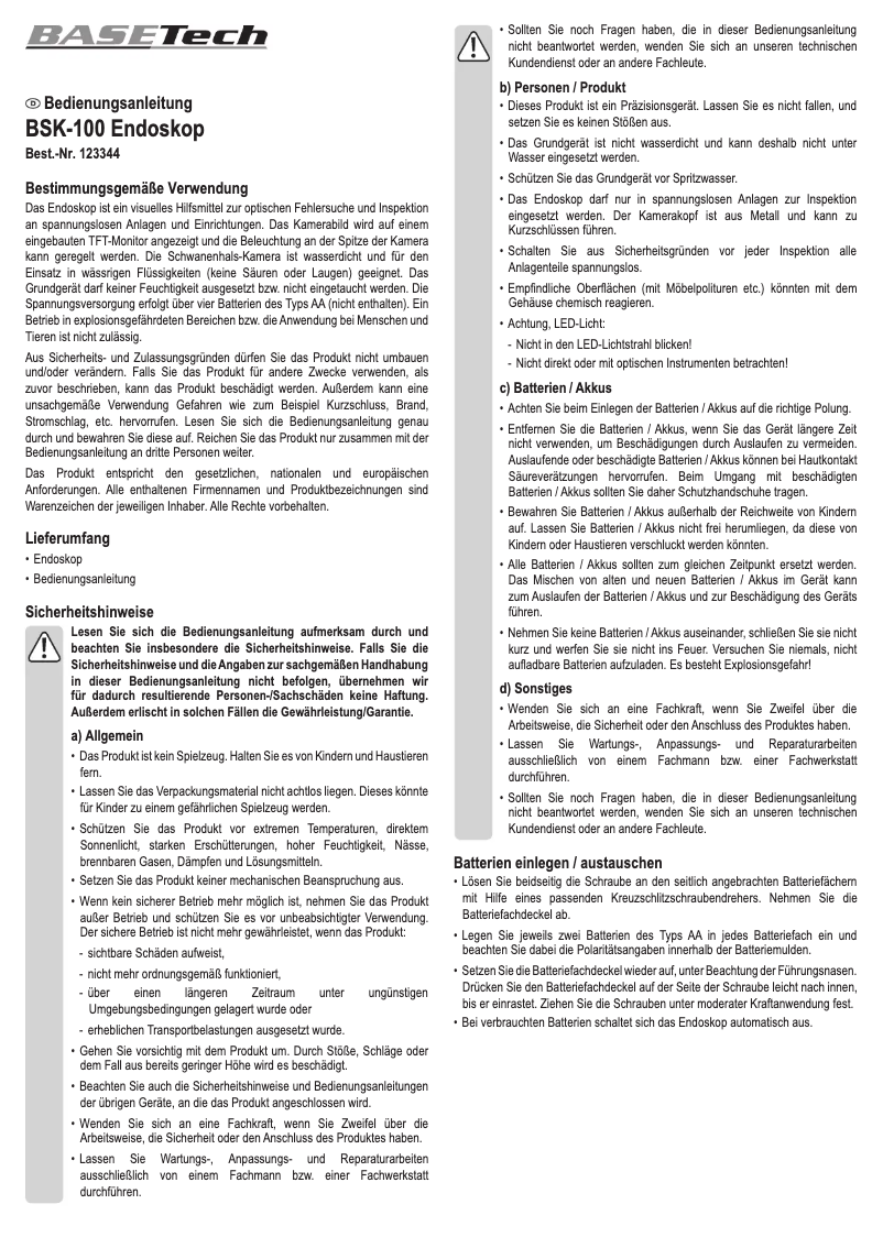 Page 1 of the manual User Manual BaseTech BSK-100