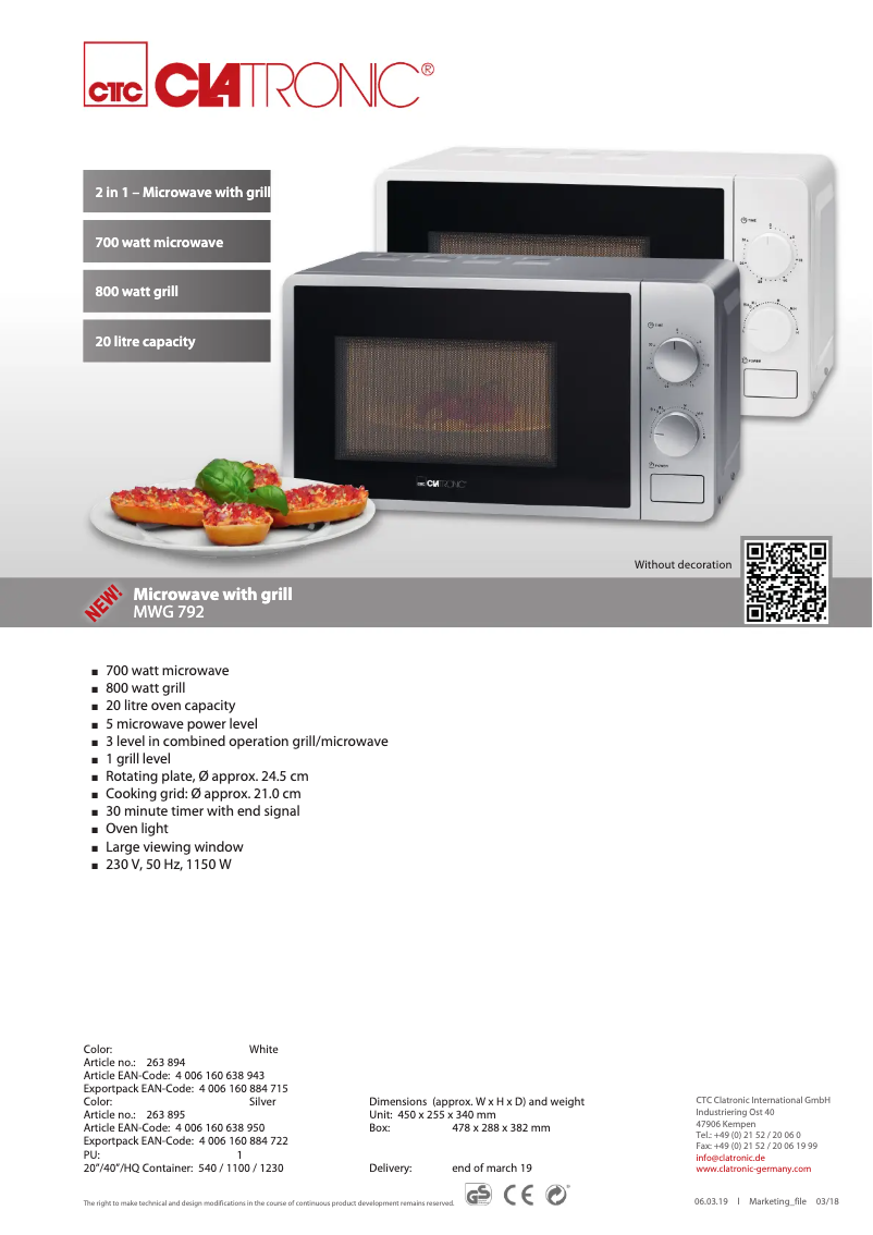 Page 1 de la notice Fiche technique Clatronic MWG 792