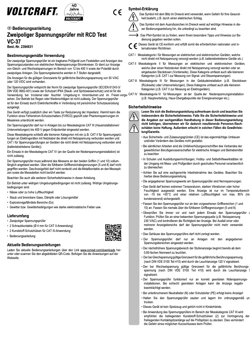 Page 1 de la notice Manuel utilisateur Voltcraft VC-37