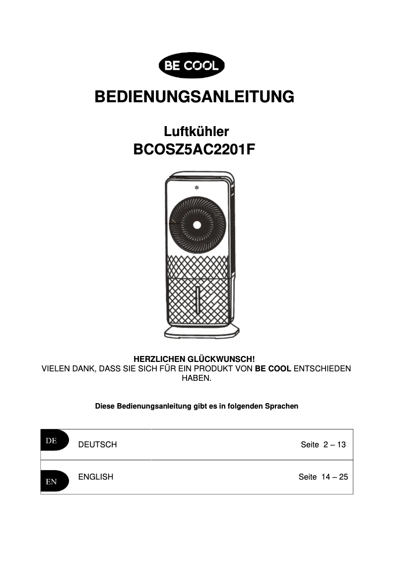 Page 1 de la notice Manuel utilisateur Be Cool BCOSZ5AC2201