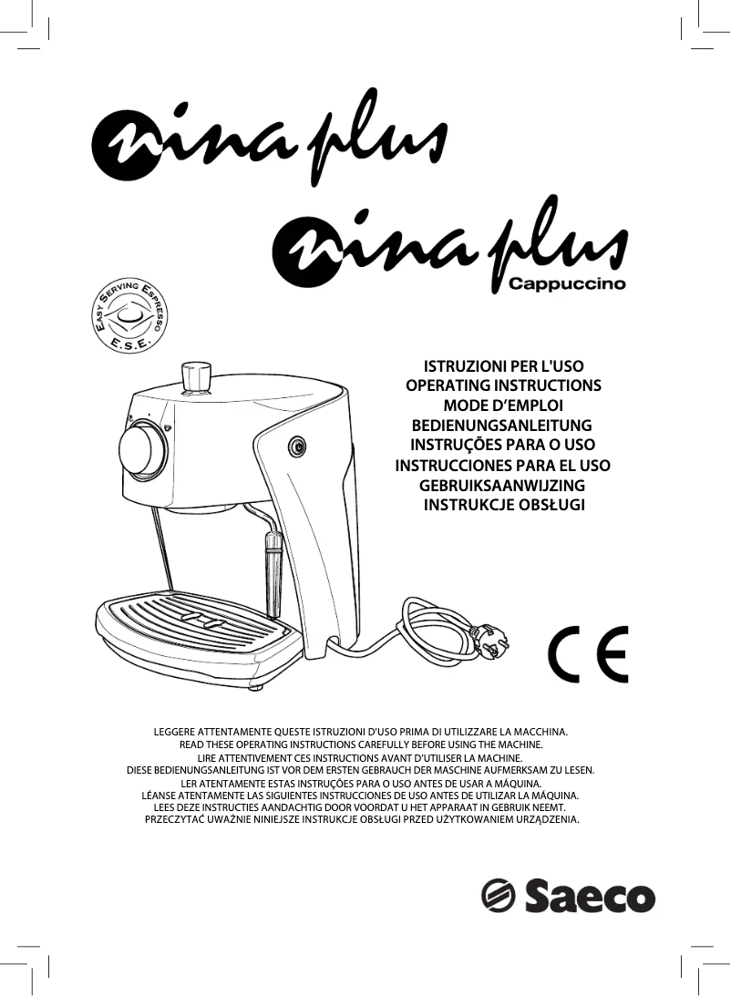 Image de la première page du manuel de l'appareil Saeco Nina Plus