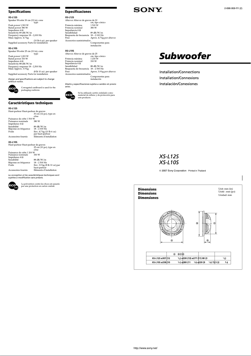 Page 1 de la notice Manuel utilisateur Sony XS-L12S