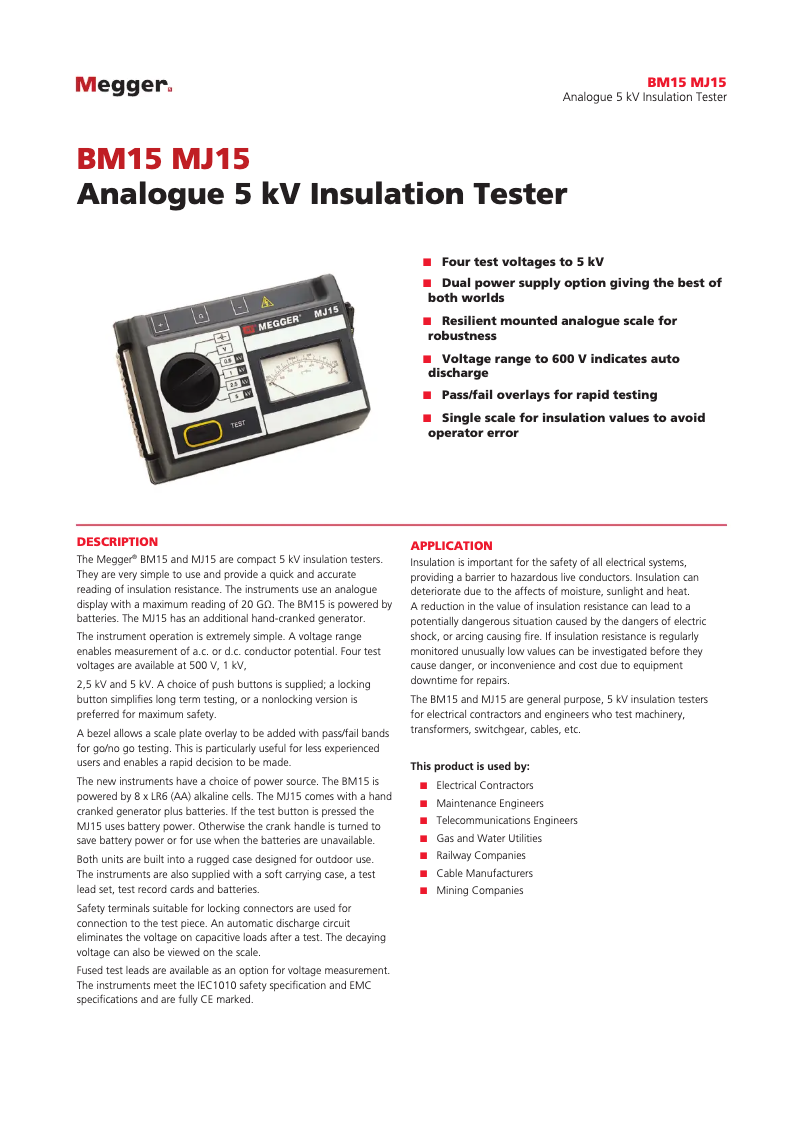 Page 1 de la notice Fiche technique Megger BM15