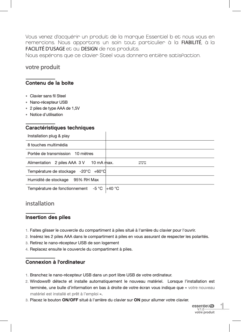 Page 1 de la notice Manuel utilisateur Essentiel B Steel