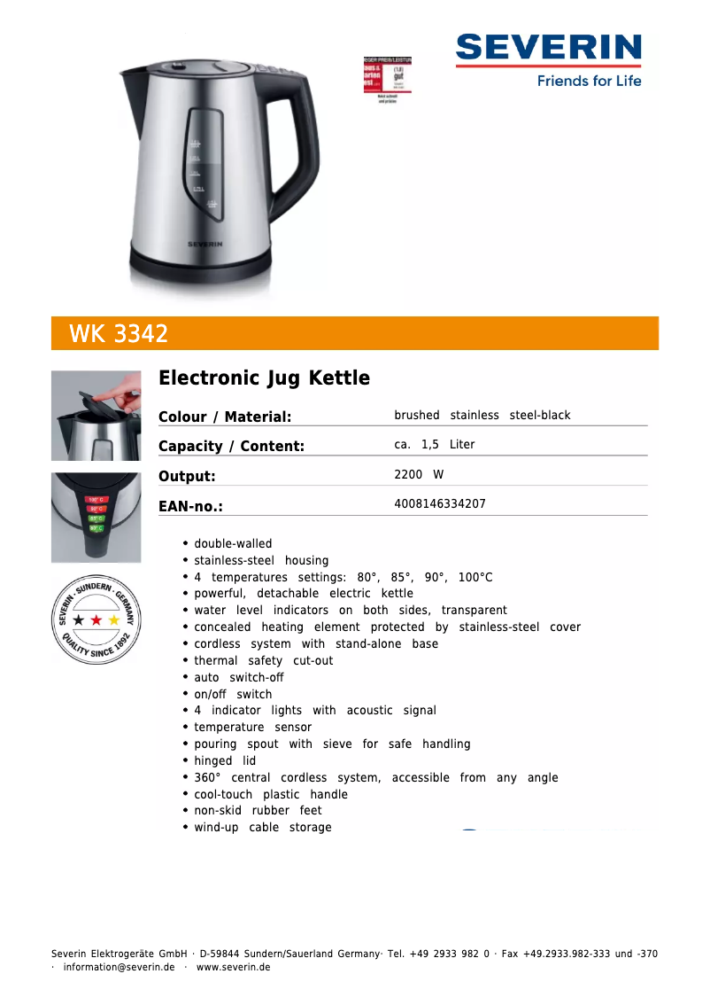 Page n°1 - Fiche technique Severin WK 3342