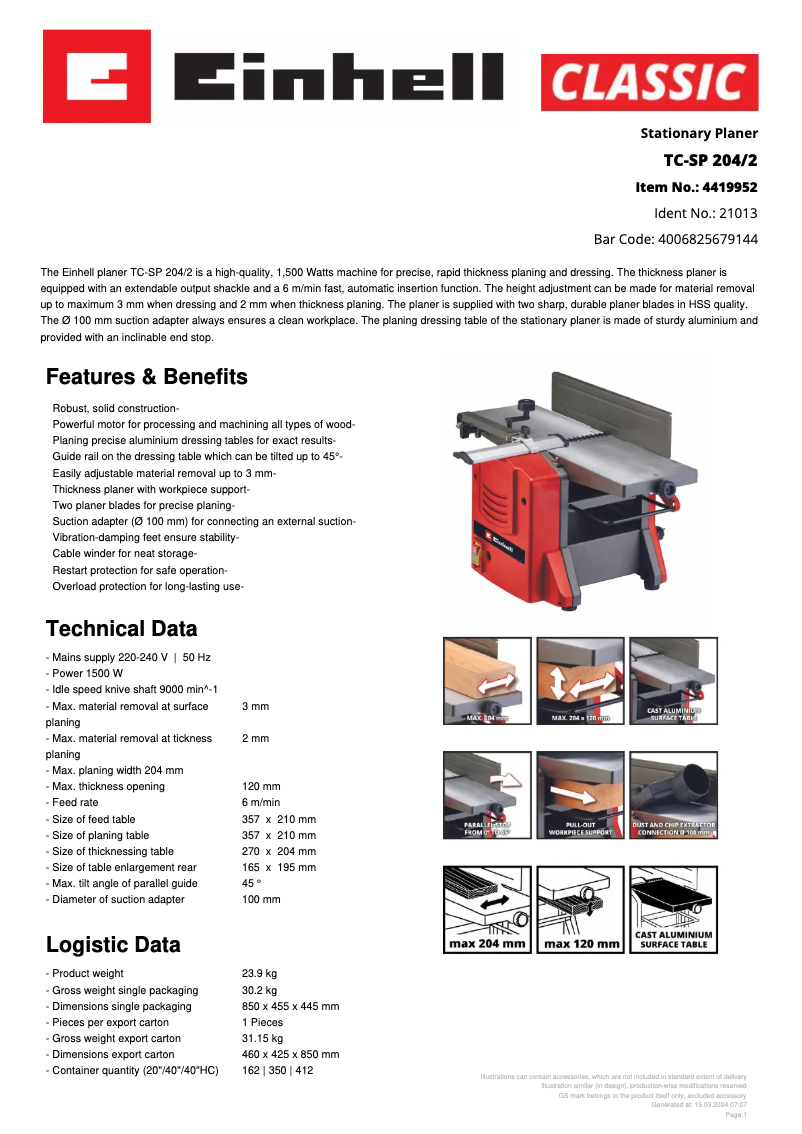 Page 1 de la notice Fiche technique Einhell TC-SP 204/2