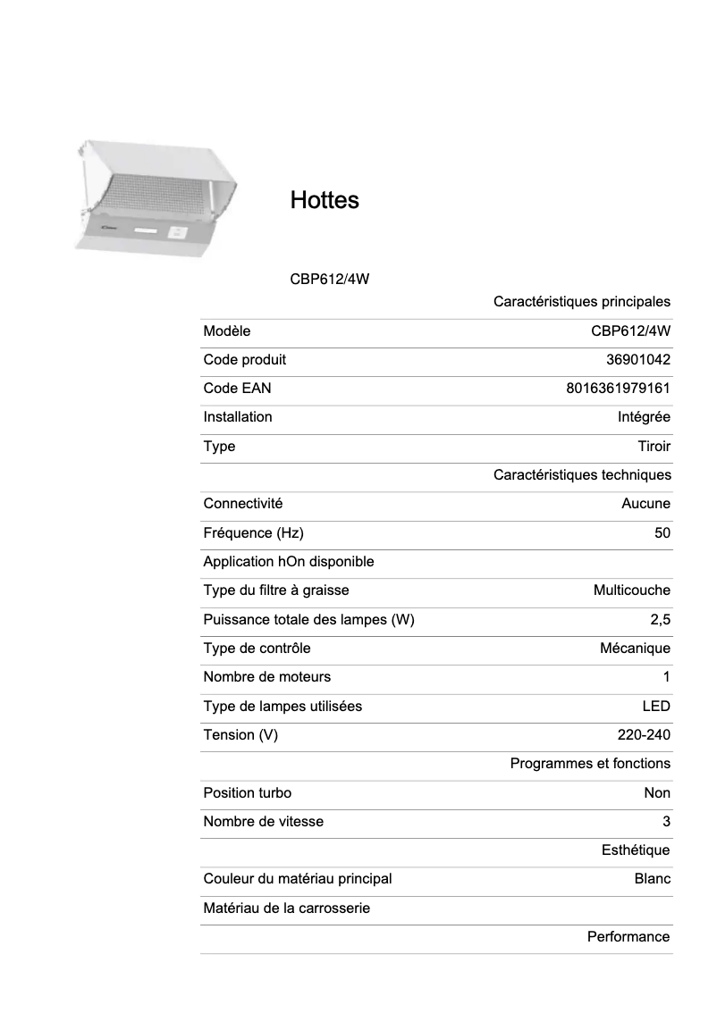 Page 1 de la notice Fiche technique Candy CBP612/4W