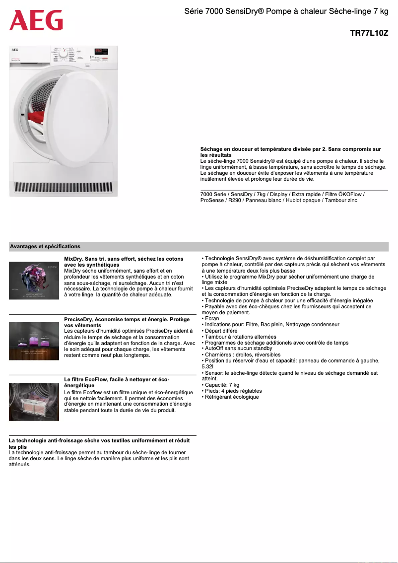 Página 1 del manual Ficha técnica AEG TR77L10Z