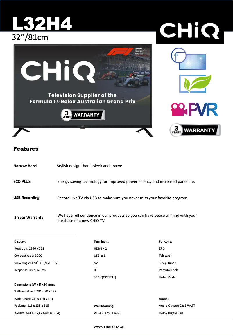 Page 1 de la notice Fiche technique CHiQ L32H4