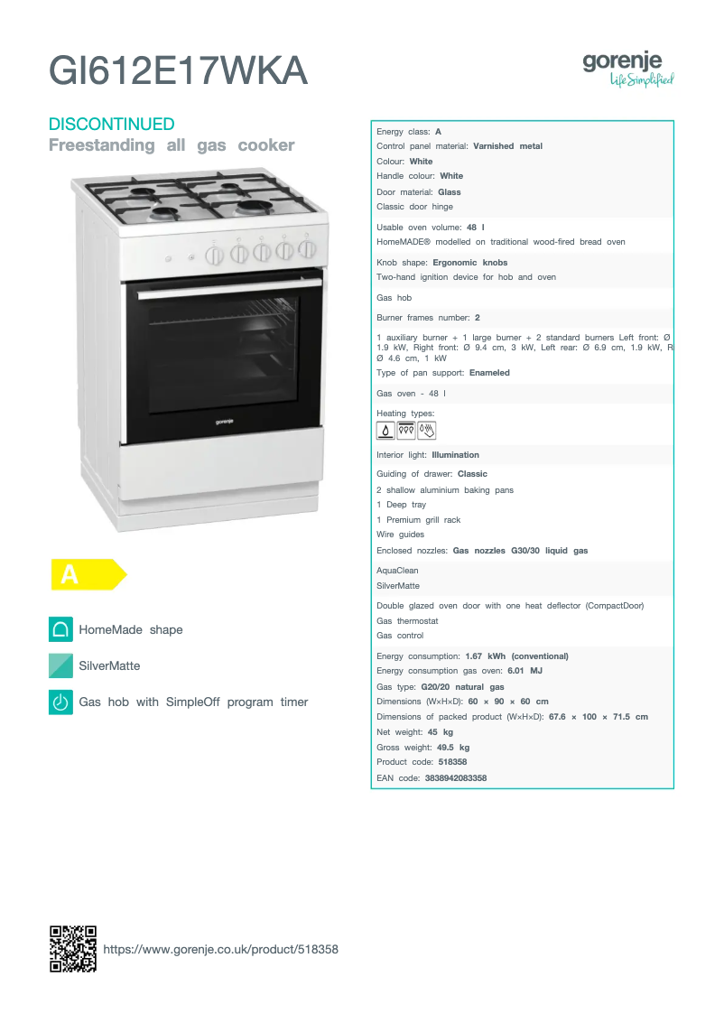 Page n°1 - Fiche technique Gorenje GI612E17WKA