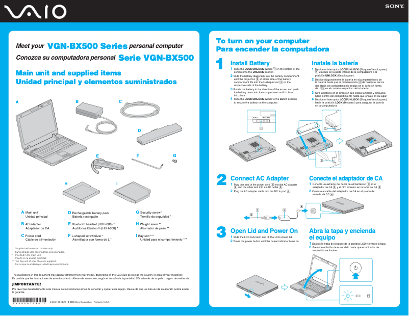 Page 1 de la notice Guide d'installation Sony Vaio VGN-BX540
