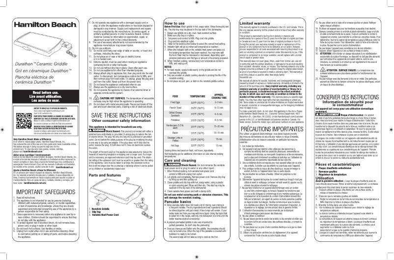 Page 1 de la notice Manuel utilisateur Hamilton Beach 38521