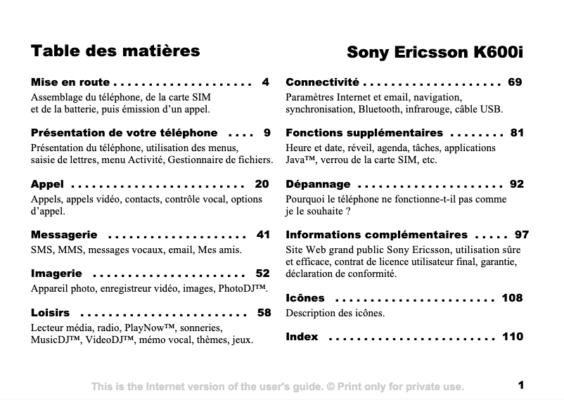 Page 1 de la notice Manuel utilisateur Sony Ericsson K600i