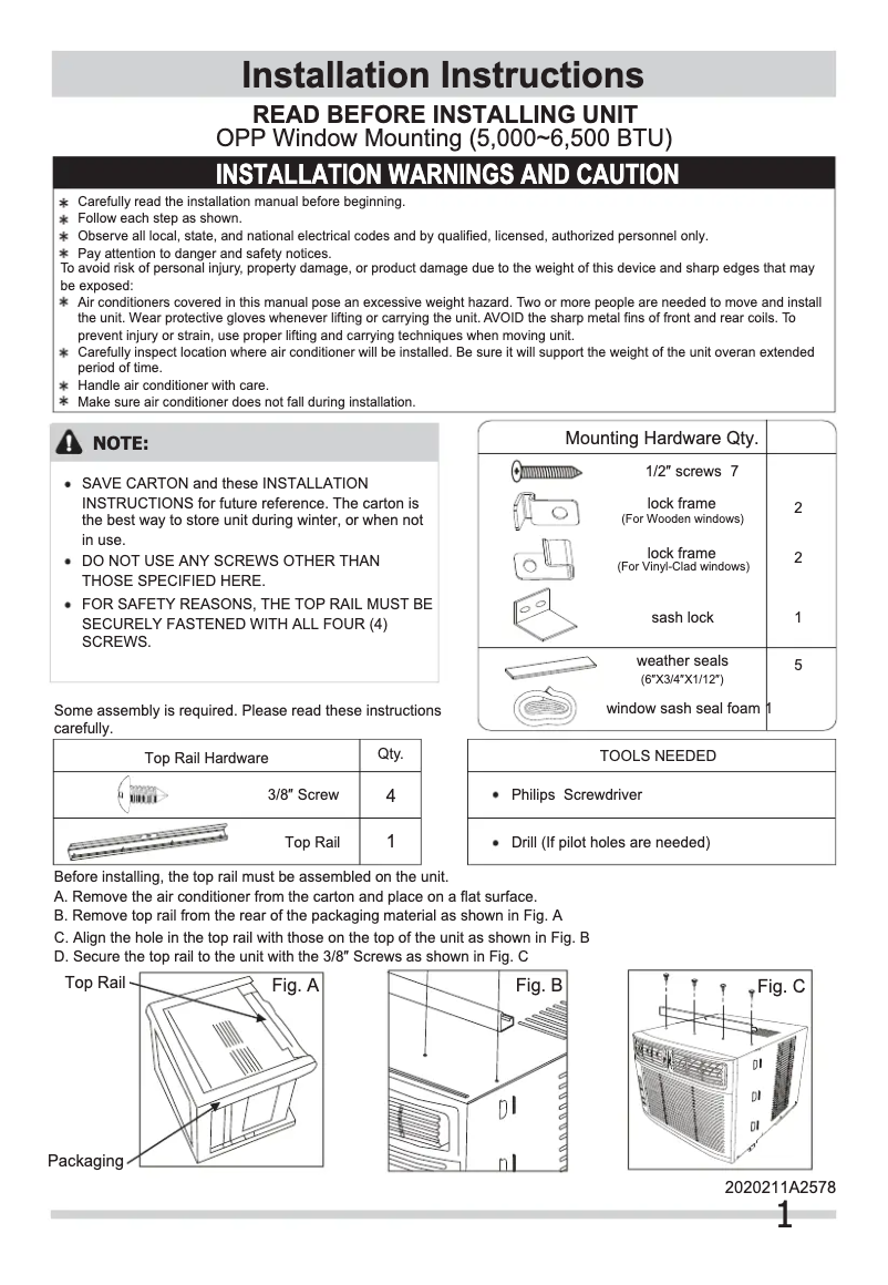 Page n°1 - Guide d'installation Frigidaire LRA050XT7