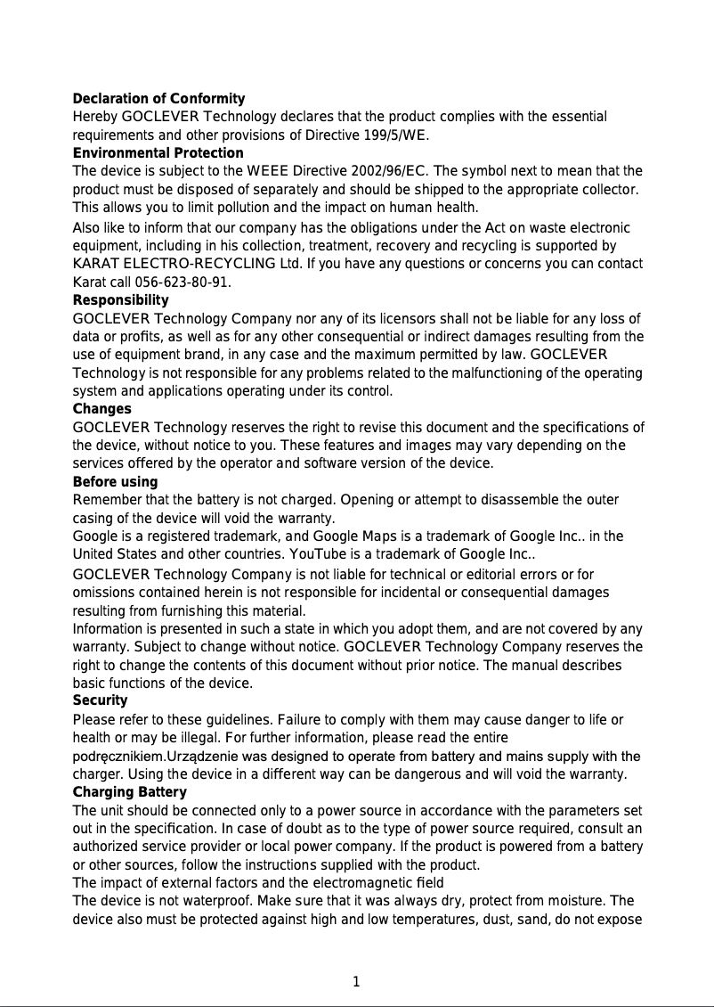 Page 1 de la notice Manuel utilisateur GoClever TERRA 70