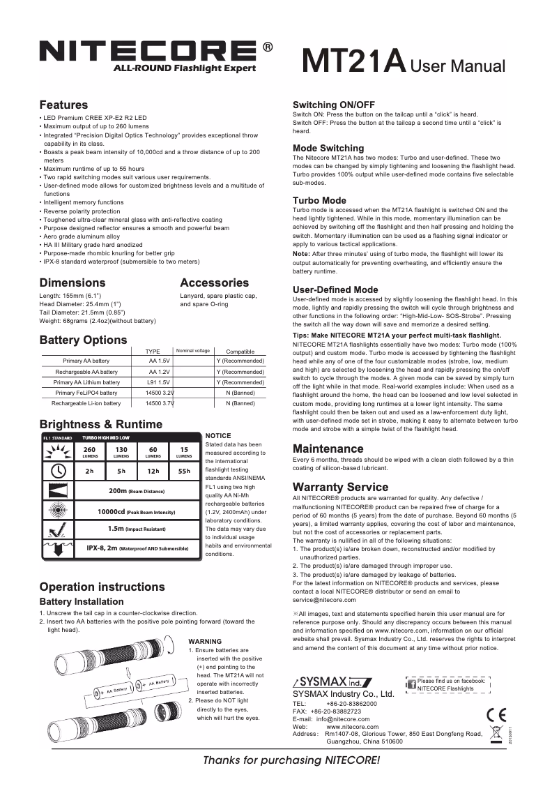 Page 1 de la notice Manuel utilisateur Nitecore MT21A