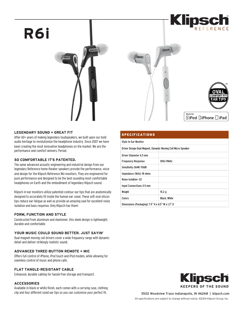 Page 1 de la notice Fiche technique Klipsch R6i