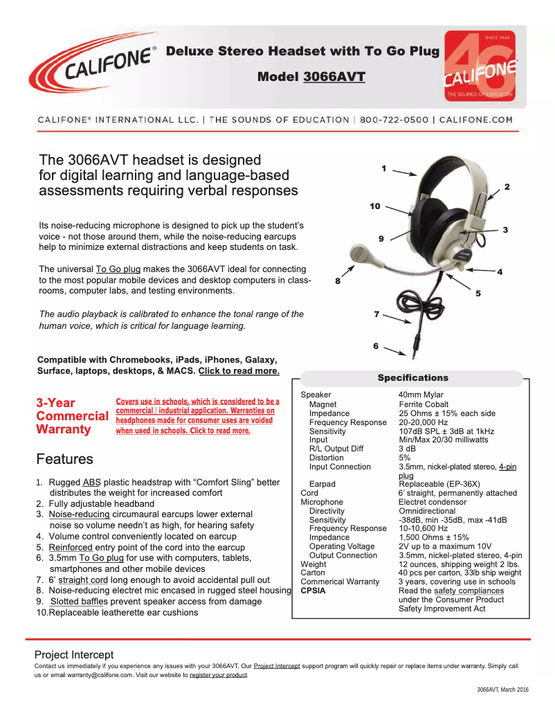 Page 1 de la notice Manuel utilisateur Califone 3066AVT