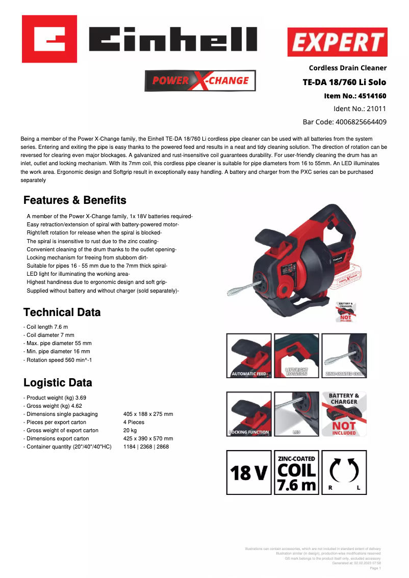 Page 1 de la notice Fiche technique Einhell TE-DA 18/760 Li