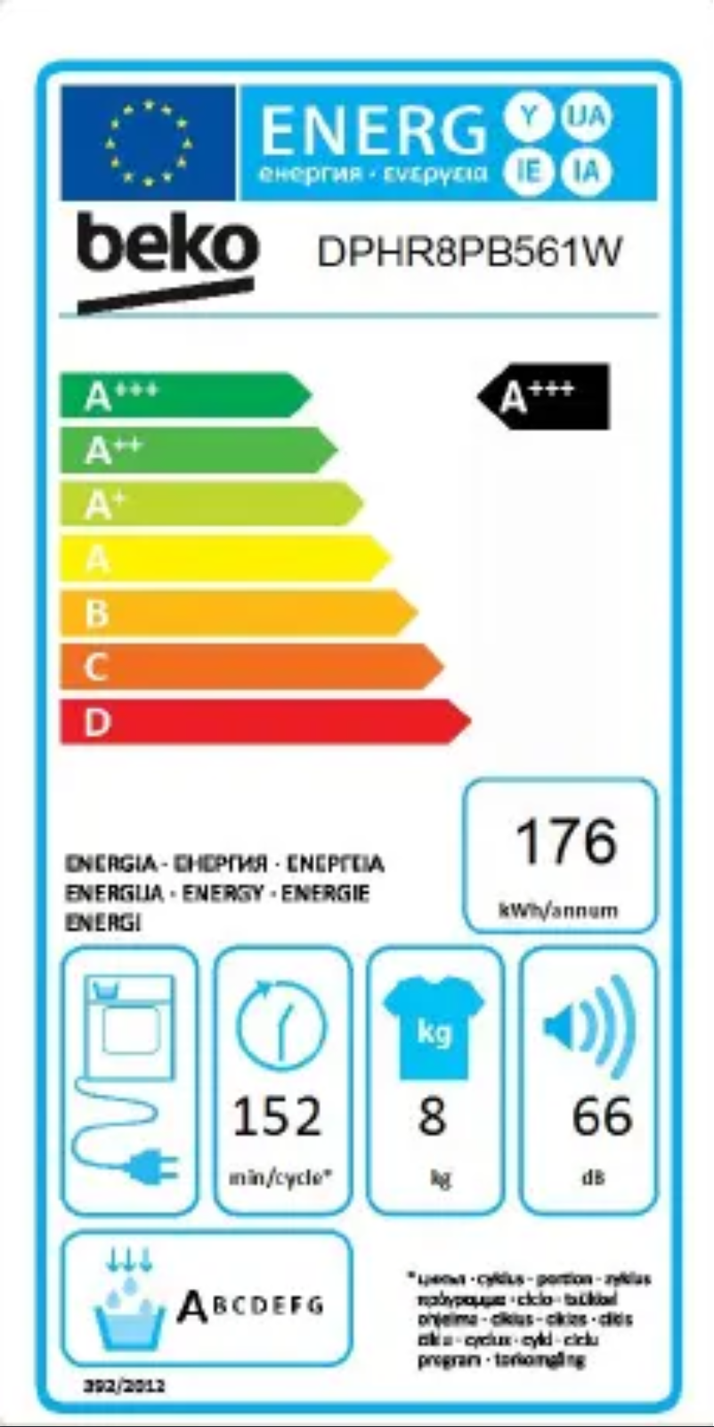Page 1 de la notice Label énergétique Beko DPHR8PB561
