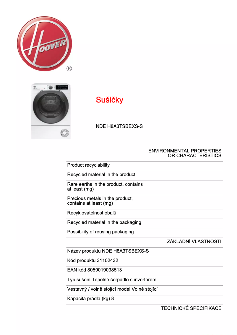 Page n°1 - Fiche technique Hoover H-DRY 500 NDE H8A3TSBEXS-S