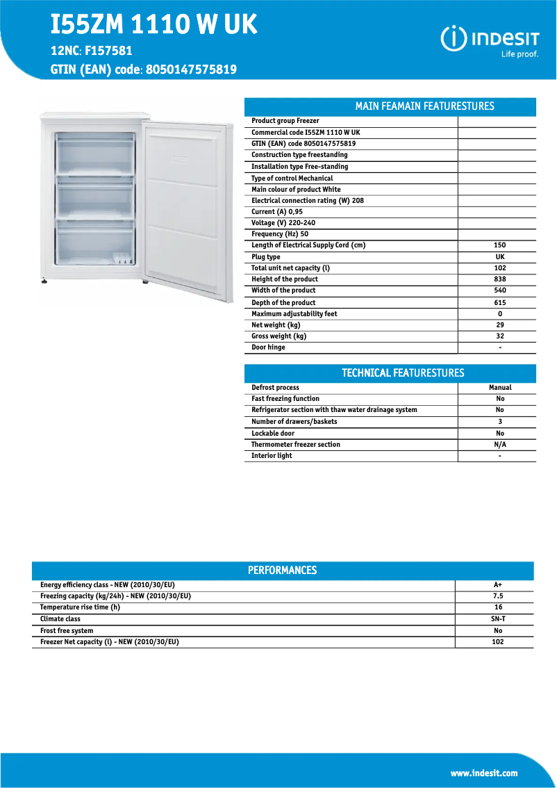 Page 1 de la notice Fiche technique Indesit I55ZM 1110 W UK