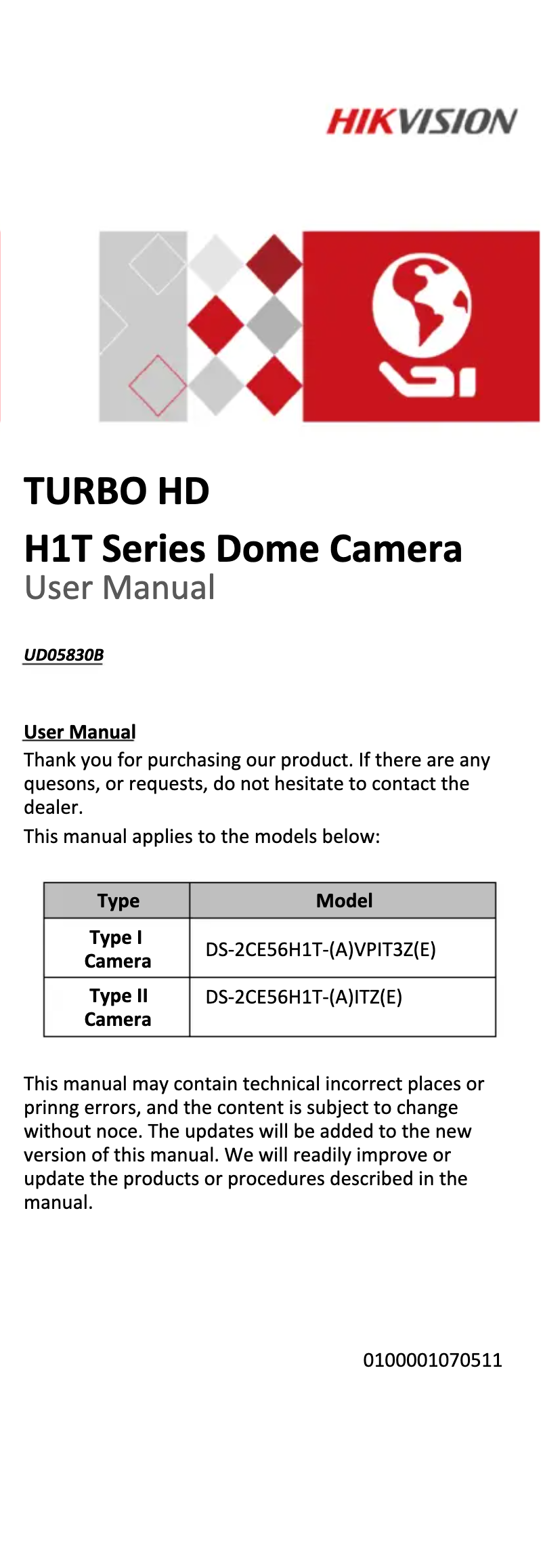 Page n°1 - Manuel utilisateur Hikvision DS-2CE56H1T-ITZE