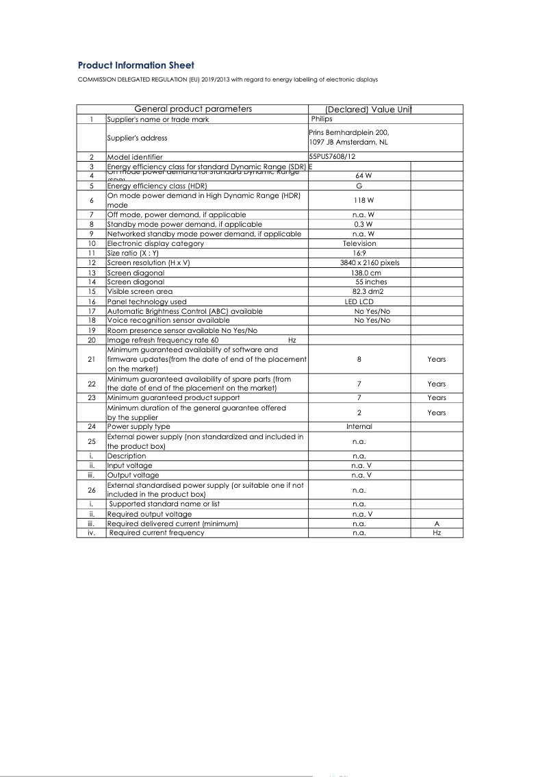 Page n°1 - Fiche technique Philips 55PUS7608