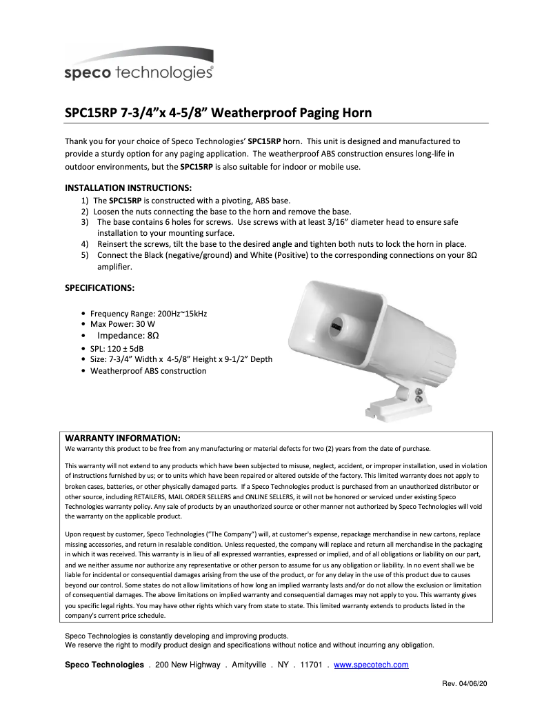 Page 1 de la notice Manuel utilisateur Speco Technologies SPC15RP