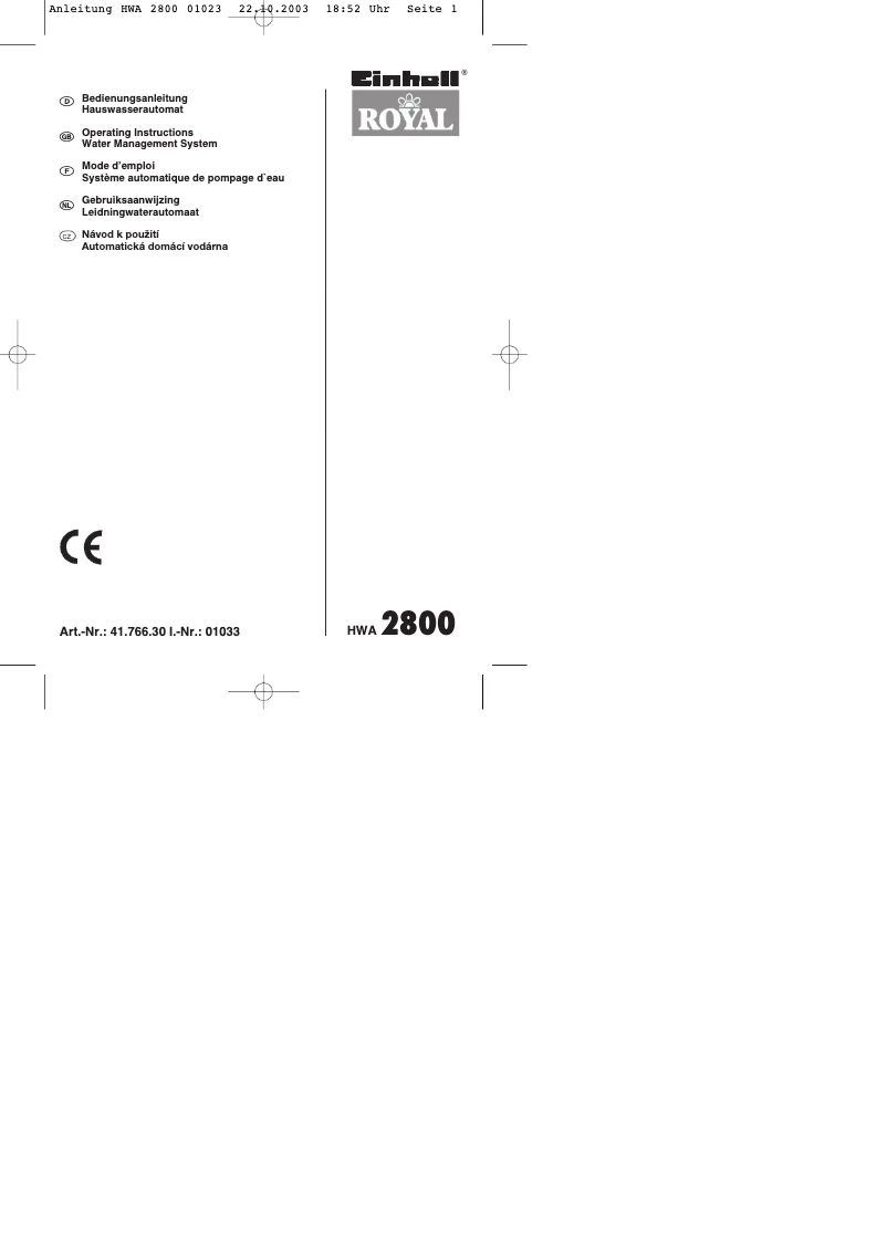 Page n°1 - Manuel utilisateur Einhell Royal HWA 2800