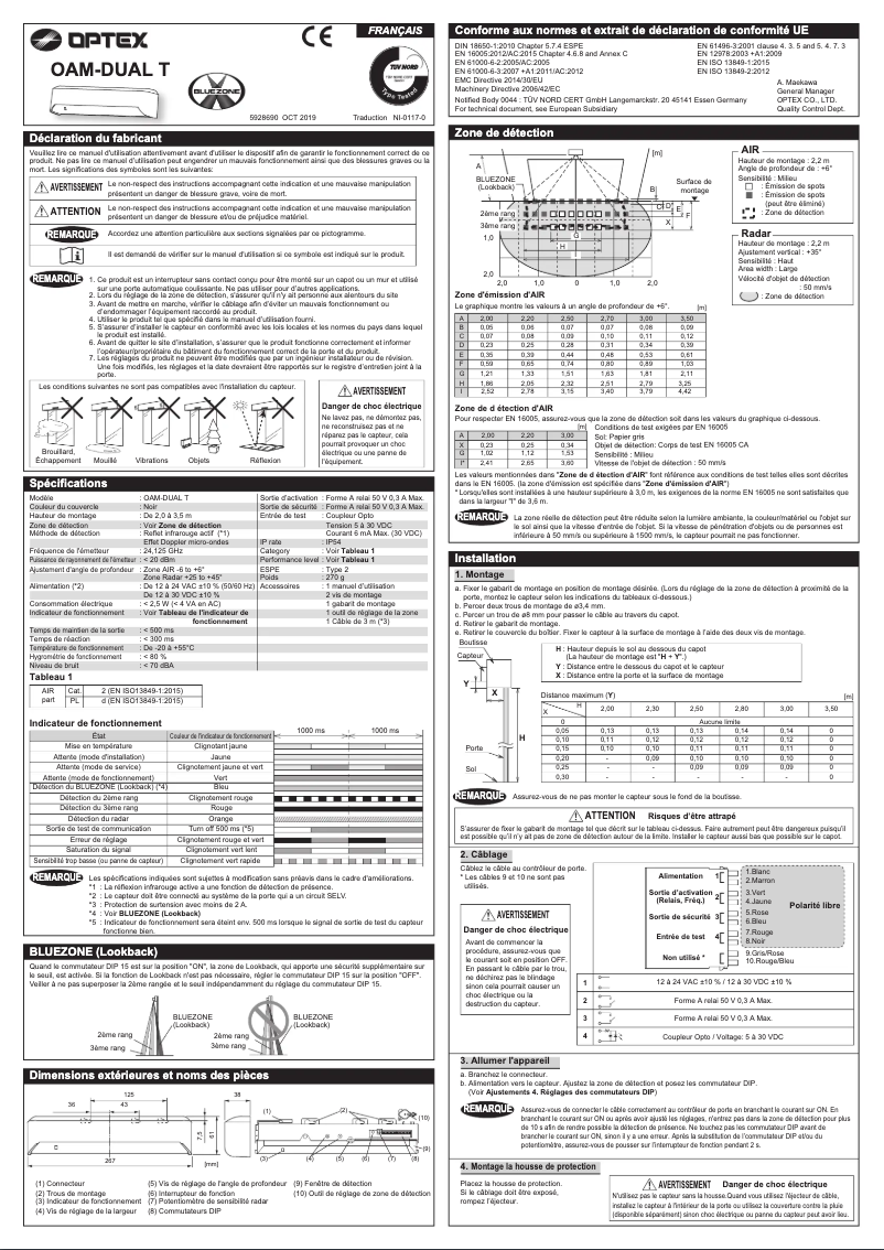 Page 1 de la notice Manuel utilisateur Optex OAM-TE