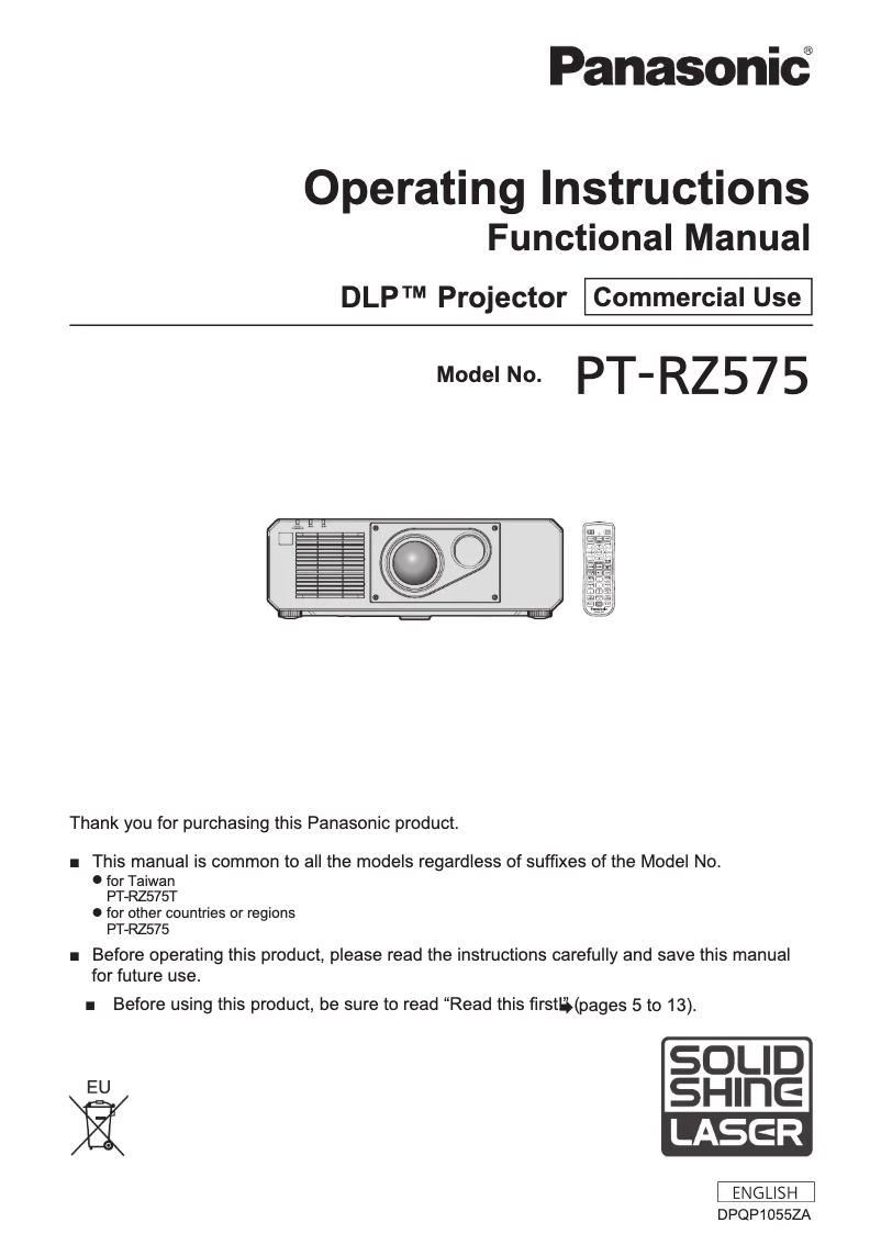 Page 1 de la notice Manuel utilisateur Panasonic PT-RZ575