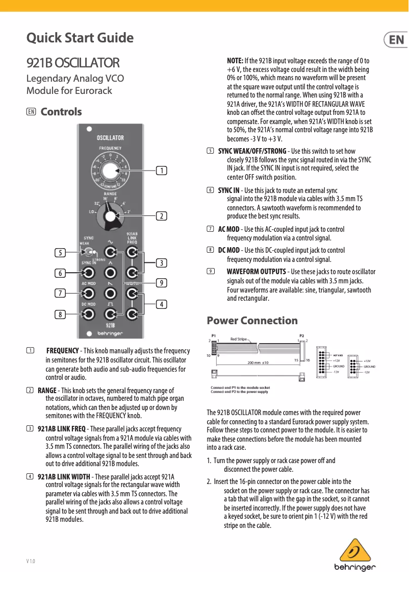 Page 1 de la notice Manuel utilisateur Behringer 921B Oscillator