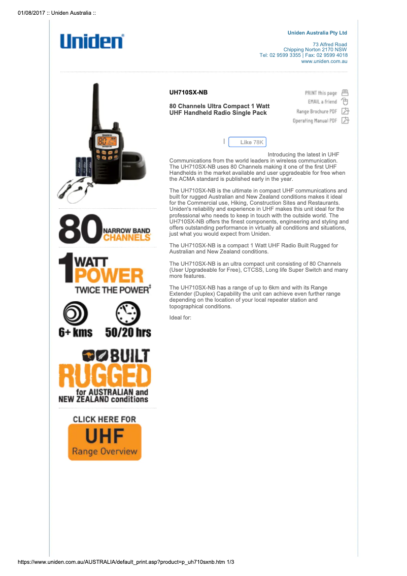 Page 1 de la notice Fiche technique Uniden UH710SX-NB