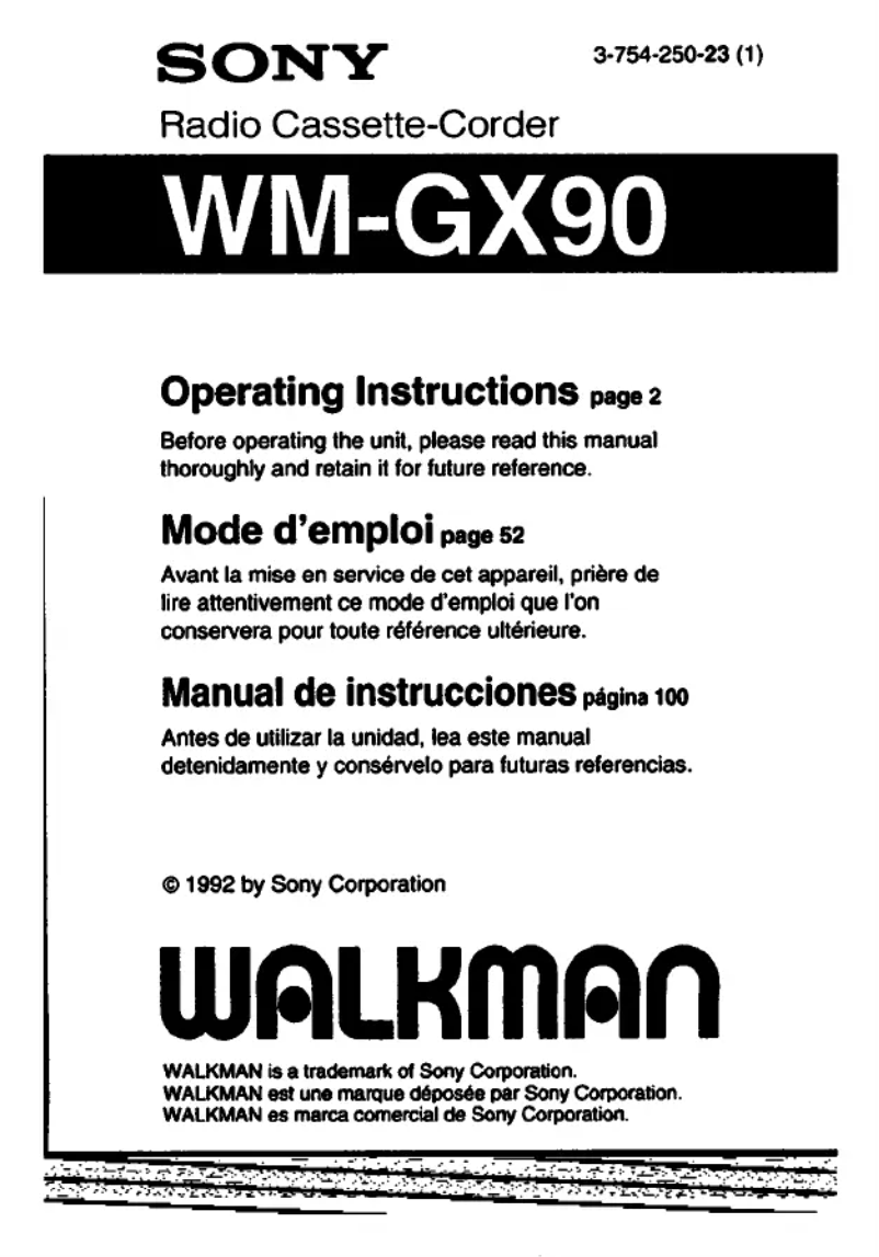 Page 1 de la notice Manuel utilisateur Sony Walkman WM-GX90