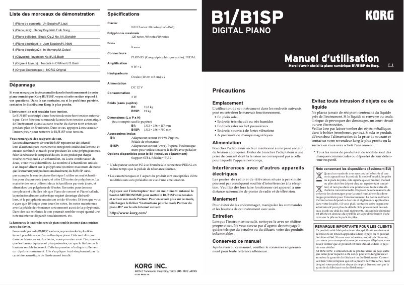 Page n°1 - Manuel utilisateur Korg B1SP