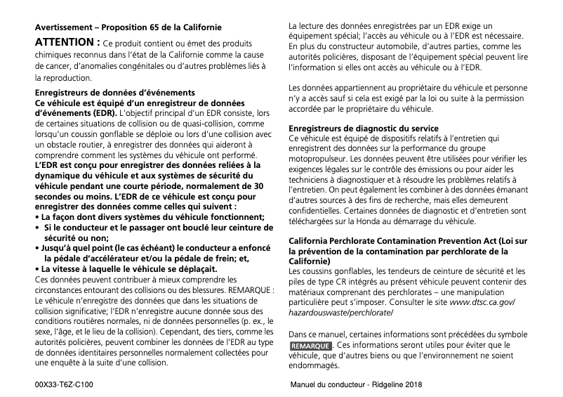 Page 1 de la notice Manuel utilisateur Honda Ridgeline (2018)